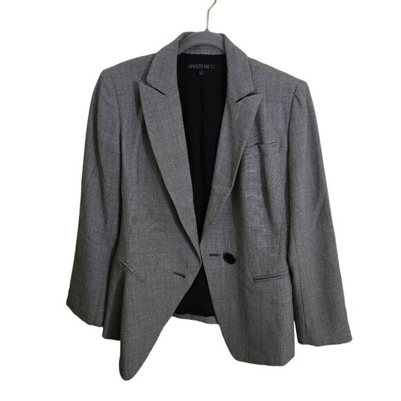 Lafayette 148 Herringbone Wool Slight Asymmetric Gray Blazer Size 4 - Picture 2 of 6
